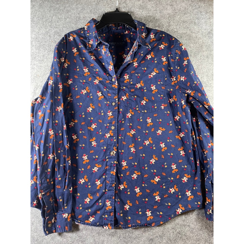 Karen‎ Scott Womens Navy Blue Fall Scarecrow Pumpkin Cotton Button Down Shirt L
